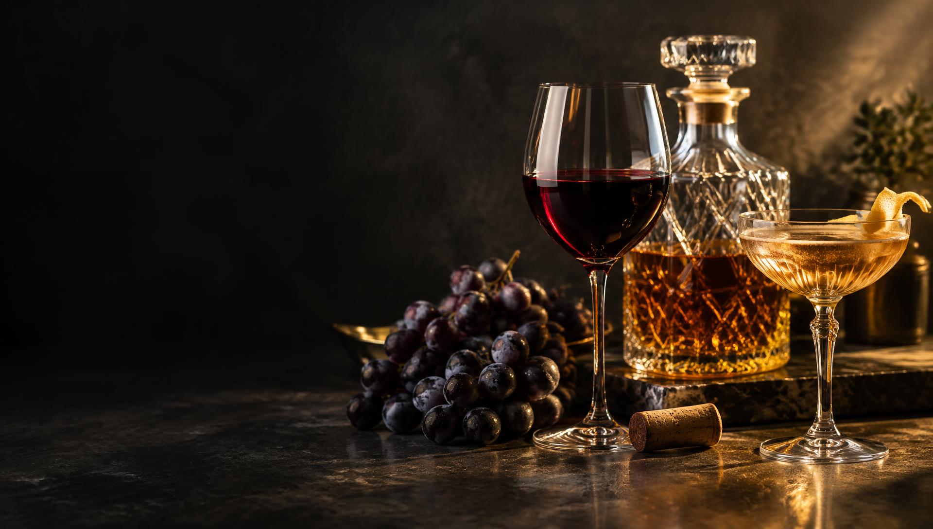 A still life of drinks — a glass of red wine, a whisky decanter and a cocktail coupe on a dark charcoal backdrop